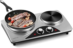 CUSIMAX kochplatte 2er Gusseisen-herdplatte, 2500W doppelkochplatte elektrisch mit Überhitzungsschutz, mobile herdplatte für Innen- und Außenanwendungen, camping herdplatte Silber Edelstahl