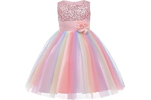M MUNCASO Filles Princesse Robe Paillettes Tulle Fleur Arc-En-Ciel Col Rond Sans Manches Robe Formelle Fête D'anniversaire Mariage Demoiselle D'honneur Fille Robes De Soirée Enfant Bébé Âge pour 3-9 Ans