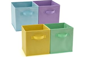 EZOWARE Set of 4 Foldable Fabric Basket Bins with Handle 26.7 x 26.7 x 28 cm, Collapsible Organiser Storage Cube for Nursery Home and Kids Playroom Toy Organising - Blue Green Purple Yellow