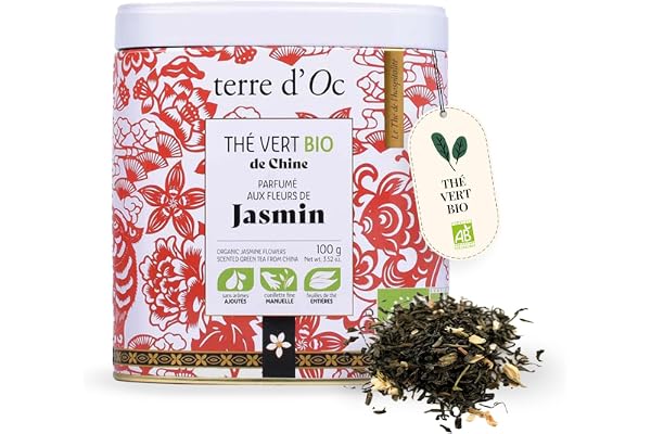 Terre d'Oc - Thé Vert Bio - Saveur Jasmin - Boite en Métal - Feuille en Vrac - Idée Cadeau Homme et Femme - 100 g