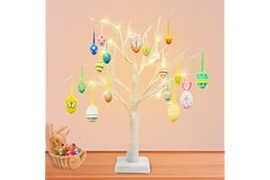 AUXHCYL Easter Tree with Lights Battery USB Powered with Timer Function, 60cm Easter Table Decorations Twig Tree with Various Eggs, Easter Decorations Home Gifts(24 LEDs, 18 Eggs)