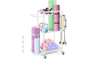 smusei Support pour équipements de sport, tapis de yoga, 3 niveaux, en métal, avec roulettes et 8 crochets, pour équipement de fitness à la maison, pour bloc de yoga, kettlebells, etc. Blanc