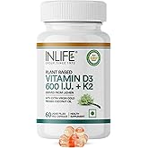 INLIFE Vitamin D3 K2 Supplement | Plant Based D3 600 IU Lichen & Vitamin K2 MK7 55mcg | With Extra Virgin Cold Pressed Coconu