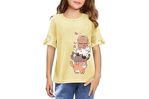 Arshiner Niñas Camisetas Manga Corta Bordado Niños Moda Ocio Camisa Verano Manga de Encaje Tops Camiseta Básica para Niñas 4-14 Años