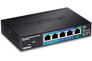 TRENDnet 5-Port Gigabit PoE+ Powered EdgeSmart Switch with PoE Pass Through, 1 x Gigabit PoE+ Input, 2 x Gigabit PoE Output, 2 x Gigabit, 18W PoE Budget, Managed Switch, Wall-Mountable, TPE-P521ES