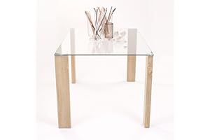 Homely | Mesa de Comedor ROSSET | Mesa Salón, Cocina, Oficina | Estilo Moderno | Diseño Sencillo, Actual y Elegante | Tapa Cristal Templado | Patas de MDF Laminadas Color Madera | 140x90 cm