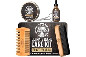Viking Revolution Ultimate Beard Kit Spiced Vanilla – Grooming Kit för män med pensel, kam, beard balm, olja, mustasch sax – man presenter till män