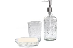 FEILANDUO Juego de 3 accesorios de baño de cristal, dispensador de loción y jabón, soporte para cepillo de dientes, jabonera, decoración moderna de encimera de baño para el hogar, regalo de