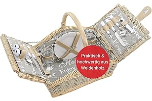 ‎WOMA WOMA Picknickkorb mit Tragegriff für 2 Personen I Geflochtener Weidenkorb mit Besteck, Geschirr & Weingläsern für Fahrrad & Auto I Moderner Picknickkorb mit Deckel & Henkel für Paare