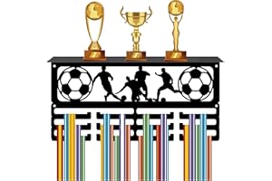 CREATCABIN Porta Medaglie Calcio Espositore Trofei 12 Gancio Porta Medaglie in Metallo Calcio Montaggio A Parete Contiene 60+ medaglie Nastri Organizzazione Ripiano Premi Medaglie Gara 40x20x10cm