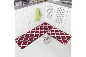 Carvapet 2 Pieces Non-Slip Kitchen Rugs Machine Washable Moroccan Pattern Doormat Kitchen Floor Mat (Red)