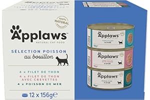 Applaws 100% alimentation humide naturelle pour chat, sélection de poissons en bouillon - 12 boîtes de 156g