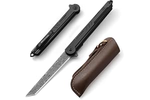 DRACHENADER Navaja de Damasco Tanto cuchillo plegable de delgado con clip, abrecartas cuchillo de una mano de acero de Damasco, negro