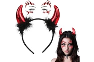 Sprinlot Diadema Diablo Rojo, Diablo Cuernos Purpurina Tatuaje, Joyeria Orejas Diablo Rojo, Diadema Tatuaje Carnaval Halloween Party ST-Home-A33-1