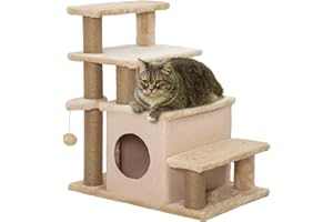 PawHut Hundetreppe 3/4 Stufen 66 cm Hoch Haustiertreppe mit Schlafhöhle, Rampe, Sipielball, Katzentreppe für mittelgroße Katze Hunderampe Einstiegshilfe für Bett, Sofa, Couch, Beige