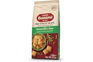 Forno Bonomi, Mini Sfoglie Rosmarino e Pepe. Snack pronti da gustare per una pausa o per un aperitivo sfizioso con gli amici. Confezione da 150 grammi.