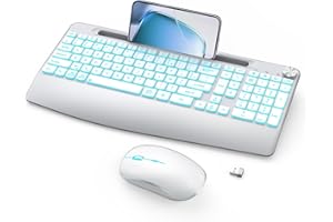 JOYACCESS Clavier et Souris sans Fil, Clavier Rétroéclairé sans Fil avec Support pour Phone, Clavier sans Fil Rechargeable avec Repose-Poignets, Récepteur USB, pour PC, Mac, Windows - Blanc Argent