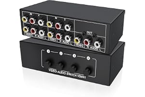 XMSJSIY AV RCA-omkopplare 4-i-1 ut komposit video L/R stereo ljud och videobrytare väljarbox 4 portlåda för HDTV DVD STB PS2