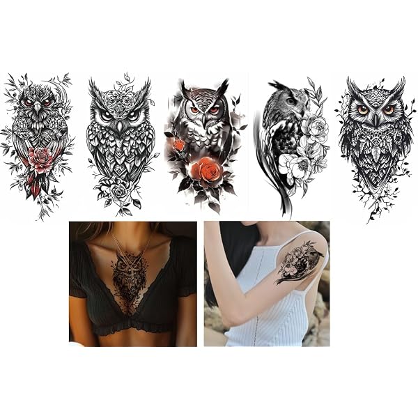 EROSPA® Temporär Tattoo-Bogen – Eule Mit Maske & Collier | Großes Motiv (21x11 Cm) | Wasserfest & Hautfreundlich