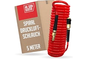 mr. soda blaster | leichter Spiral-Druckluftschlauch 5 Meter passend für Kompressoren | 6,5 x 10 mm | robustes PU Material | stabile Messing-Kupplungen | PVC Knickschutz | max. 10 bar