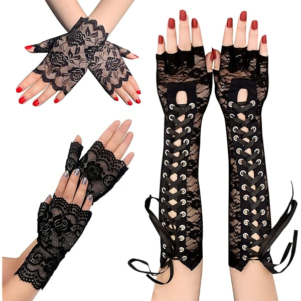 Guanti In Pizzo Senza Dita - Lunghi Fino Al Gomito, Nero - Foto 8
