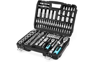 DURATECH 108-częściowy zestaw kluczy nasadowych, zestaw w walizce z grzechotką dwukierunkową i pokrętłem zapadkowym 1/2" i 1/4", przedłużki, wkrętaki, nakrętki, stal chromowo-wanadowa, w tym walizka