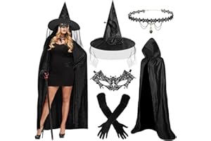 Beipegin Disfraz Bruja Mujer Adulto,Capa Negra con Capucha Sombrero Bruja Máscara Collar Guantes Disfraz Halloween Mujer Vampiresa Cosplay Mascarada Fiesta