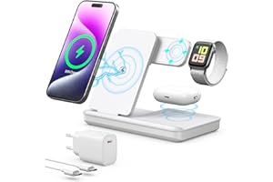 AOWIN Induktive Ladestation für Apple Watch und iPhone, Kabelloses Ladegerät 3 in 1 Wireless Charger Kompatibel mit iPhone 16 15 14 13 12 MagSafe Gerät, Apple Watch Serie, AirP0ds Pro 3 2 (Weiß)