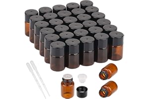funvce 2 ml Leere Glasflaschen für Ätherische Öl, 30 Stück Braune Mini Flasche Leer, Fläschchen mit 2 Tropfer Funktioniert, Flasche zum Befüllen von Ätherisches Öle, Parfüm, Aromen,Flüssigkeiten