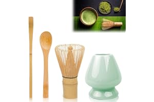 KITDAHOM Matcha set – Te matcha kit – Batidor bambu te matcha – Juego de 4 piezas con cuchara de matcha y soporte de cerámica para batidor – Ideal para preparar matcha y ceremonias del té (color cian)