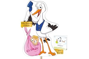 Storch Geburt für draußen I Mädchen Baby I XL 110 cm I Klapperstorch zum Stecken I Wetterfest für draußen I Babystorch Geburtsgeschenk Deko I Set mit Karte