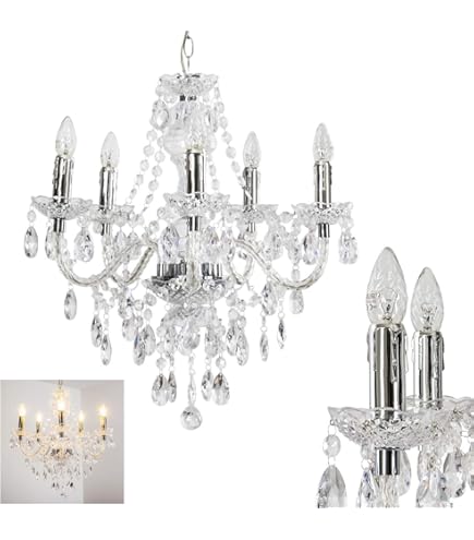 Lustre En Cristal Maria Theresa 6 Bras - Plafonnier Verre K9 Transparent, Diamètre 60cm, Pour Salon Et Salle à Manger