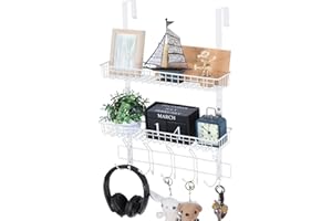 Shinoske Appendiabiti sopra la Porta con 15 Ganci e 2 cestini in Rete, Gancio per Porta per Appendere cappott, Mensola Doccia da Appendere Senza Fori per Bagno Camera da Letto Cucina, Bianco