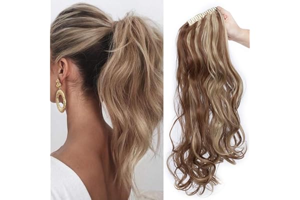 24"(60cm) SEGO Coleta Postiza Rizada con Pinza Pelo Sintético Se Ve Natural [Castaño Claro mezcla Rubio Ceniza] Extensiones de Cabello Clip Cola Larga Ponytail Extension (140g)