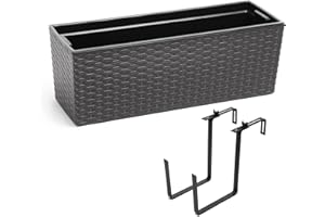 BOTLE Jardinera con depósito de agua en diseño de ratán, de plástico en color antracita, con soporte de metal flexible. Dimensiones: 56 x 18,5 x 19,5 cm.