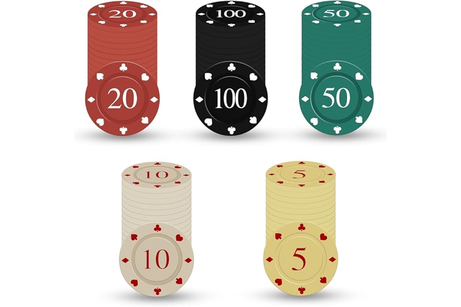 DASHUAIGE 100pcs Poker Chips, Denomination Poker Chip Set with numbers, Plastic Casino Quality Chips for Casino Parties, Learning Counters Disks, Casino Chips & Gambling Cards