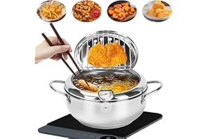 Frityrgryta, japansk tempura fritös gryta med termometer, lock och droppställ, japansk friteringskruka av rostfritt stål, friteringskruka i japansk stil för pommes frites, räkor (silver, 20 cm)