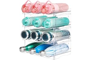 mepure Water Bottle Organiser, 4 Packs Stackable Water Bottle Storage Rack for Cupboard, Plastic Fridge Bottle Storage Holder Wine Rack for Kitchen Pantry Organiser, Each Rack Holds 3 Containers