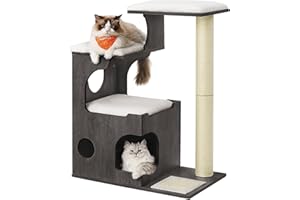 Feandrea Kratzbaum, 86 cm hoher Katzenbaum, Spanplatten-Katzenkratzbaum, mit Höhle, Liegeflächen, Säule und Sisal-Kratzmatte, waschbare Plüschkissen, nebelgrau PCT070G02