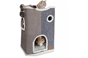Spindro Niche pour chat d'intérieur à 3 niveaux - Grand lit pour chat adulte - Maison cube avec tapis à griffer - Tour pour chat - Jolie niche avec coussin doux pour animaux de moins de 22,7 kg