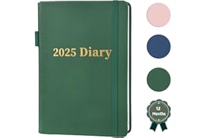 MEZERE Diary 2025 Day Per Page 2025 Diary A5 Page a Day Diary Planner Organiser from Jan 2025 to Dec 2025 Diaries Full Year Daily Planner with Pen Holder & Bookmark,UK Holiday,Faux Leather Cover(Green)