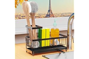 VILCEN Soporte Esponja Fregadero,Soporte Estropajo Fregadero de Cocina, Organizador de Fregadero con Bandeja de Goteo Extraíble y Drenaje para Encimera, Organizador de Lavado,Negro