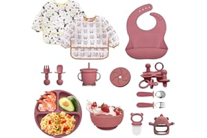 Bizcasa Coffret Repas Bebe 14 pièces,Vaisselle Antiderapant pour Bébé Set Silicone avec Ventouse Assiette Bol Cuillère et Bavoir,Sans BPA,Enfant Set Couverts Vaisselle Pour Sevrage Manger (Rose foncé)