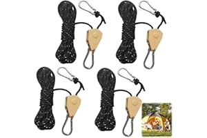 TEUENA 4Pcs Reflective Tent Guy Ropes 4mm, 1/8 Inch Adjustable Ratchet Hangers with Locking Carabiner Clip, Tent Guy Line Heavy Duty Guide Rope for Awning Outdoor Camping Gazebo Hiking Picnics (Black)