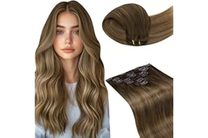 ‎LAAVOO LaaVoo Clip in Extensions Echthaar Balayage Braun Echthaar Extensions Clip Hellbraun Ombre Dunkelgoldblond Clips in Extensions Glatt #6/8/14 35cm 105g 7Stück