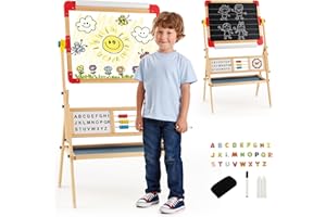 GYMAX Cavalletto Artistico in Legno per Bambini, Cavalletto per Pittura Bifacciale 3 in 1 con Lavagna, Lavagna Magnetica Girevole a 360°, Lettere Magnetiche, Abaco e Gomma, 62 x 45 x 118 cm