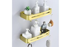 HNVNER Etagere Douche Or Brossé en Métal Lot de 2, Étagère Salle de Bain avec Crochets Rangement Douche pour Shampooing Serviteur de Douche sans Percage, Antirouille