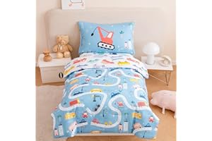 STYHO Single Duvet Cover Cartoon Cars Pattern Kids Bedding Sets for Boys Girls Teens Reversible Colorful Blue Vehicles Cranes Children Duvet Cover Sets(Blue, Single)