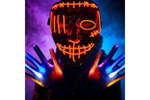 KOMEIYL Máscara Luminosa, Purga Mascara 3 Modos de Iluminación, Máscara Led de Halloween con Guantes Luminosos, Máscaras Espeluznantes, Aplica a Accesorios Rol Fiestas Temáticas