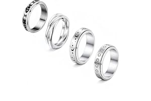 QIAMNI 4 Pcs Spinner Rings for Women Stainless Steel Fidget Band Rings Set Moon Star Sand Blast Finish Womens Ring for Stress Relieving Wedding Promise